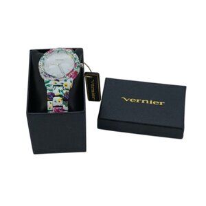Vernier Floral Ladies Wristwatch White Band Flowers Rhinestones with Box